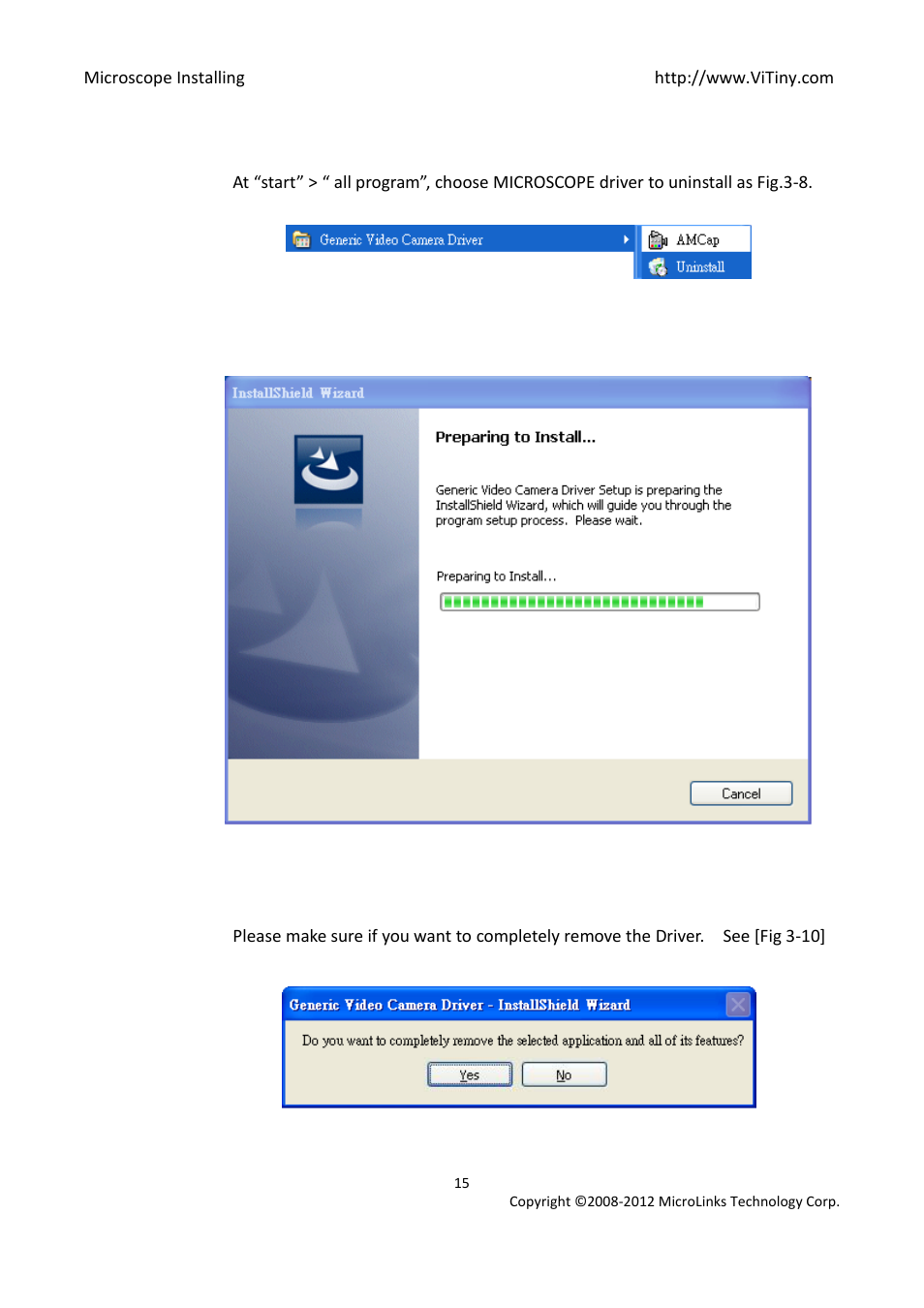 Uninstall microscope driver, Preparing to uninstall. see [fig. 3-9, Confirm to remove the microscope driver | Uninstall | MicroLinks VT300 - install manual User Manual | Page 15 / 16