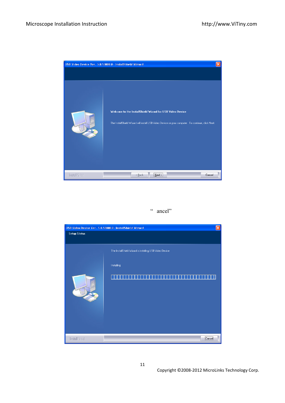 Welcome to use usb video device setup wizard, Now installing | MicroLinks UM02 - install manual User Manual | Page 11 / 14