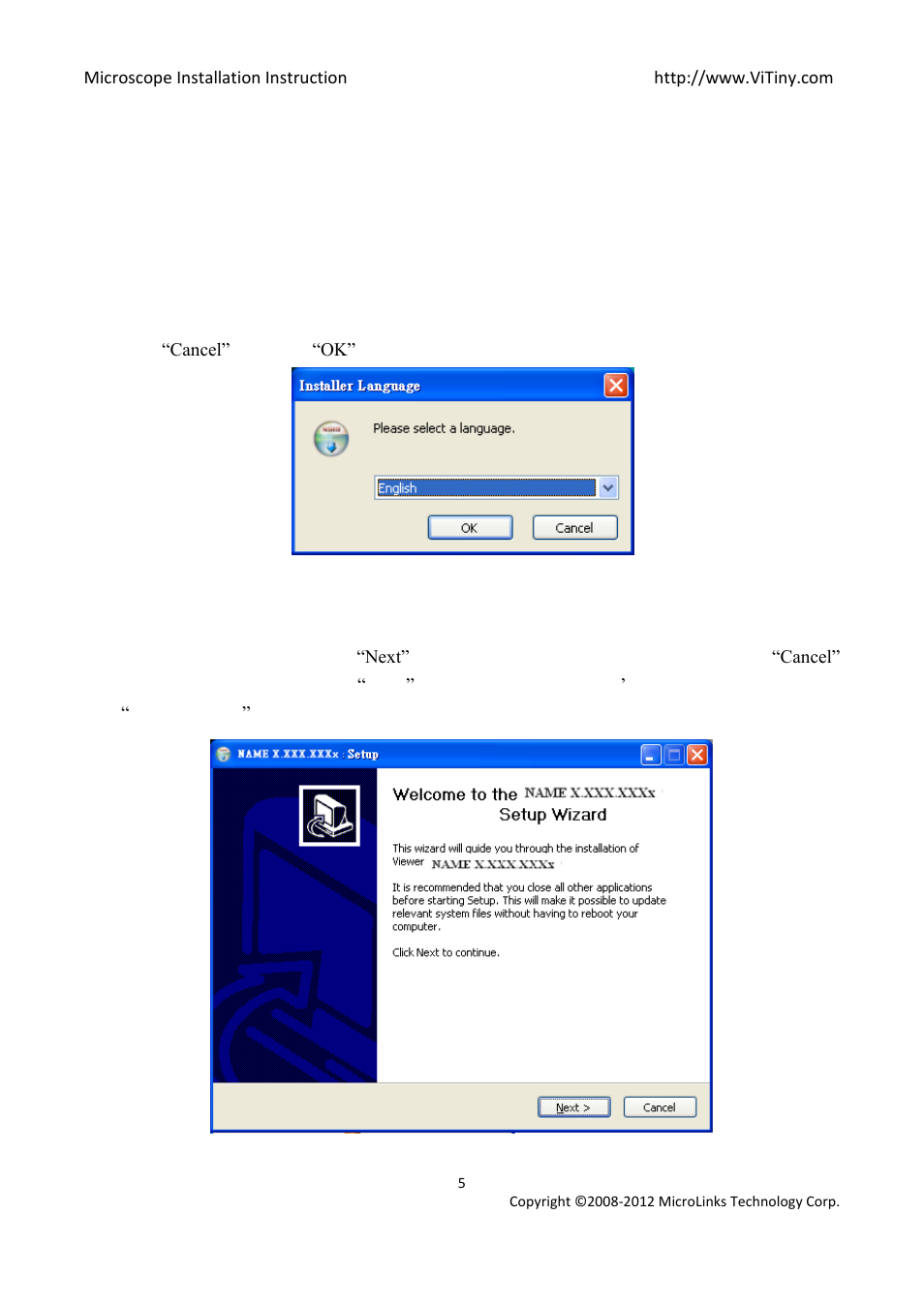 Install/uninstall microscope application program, Install application program, Start setup program | Welcome to the microscope setup wizard | MicroLinks UM02 - install manual User Manual | Page 5 / 14