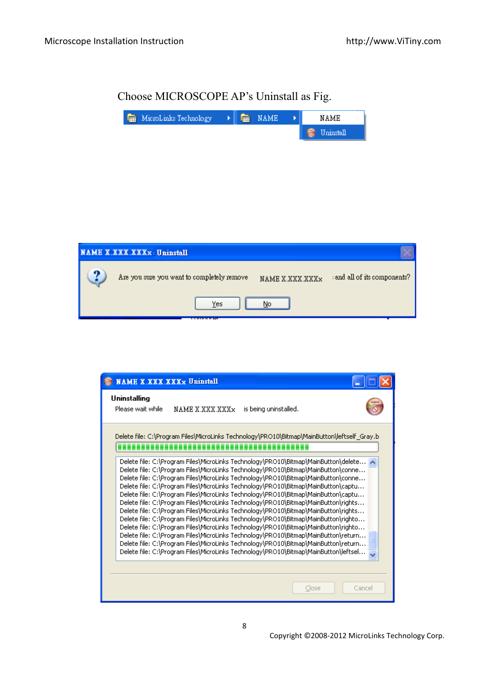 Uninstall microscope ap, Choose microscope ap’s uninstall as fig. 2-8, Confirm to uninstall microscope | Uninstalling microscope ap | MicroLinks UM02 - install manual User Manual | Page 8 / 14