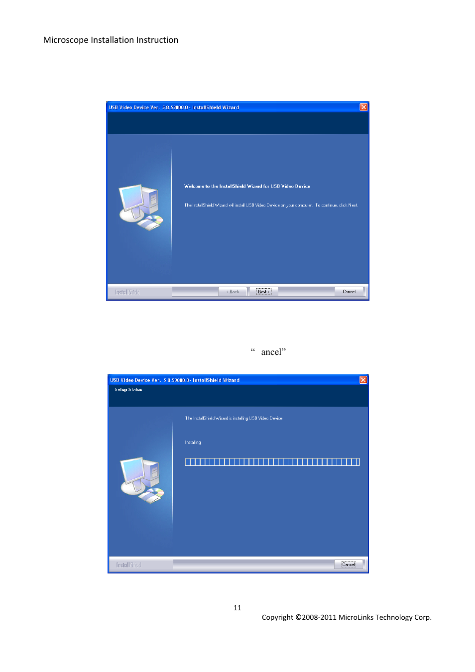 Welcome to use usb video device setup wizard, Now installing | MicroLinks UM03 - install manual User Manual | Page 11 / 14