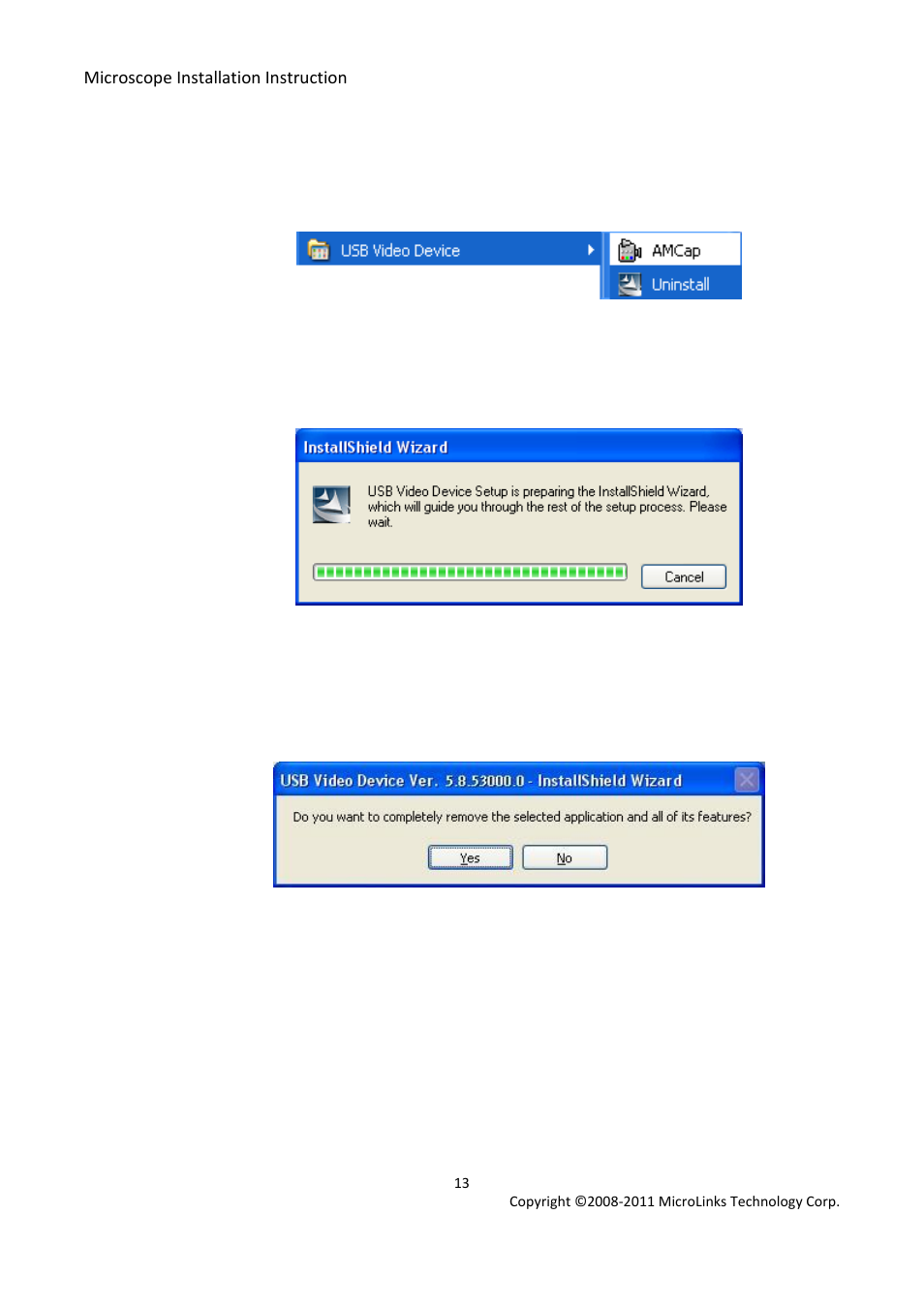 Uninstall microscope driver, Prepare to uninstall. see fig. 3-9, Confirm to remove the microscope driver | MicroLinks UM03 - install manual User Manual | Page 13 / 14