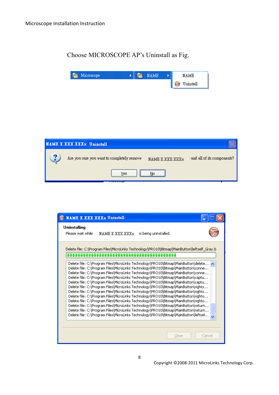 Uninstall microscope ap, Choose microscope ap’s uninstall as fig. 2-8, Confirm to uninstall microscope | Uninstalling microscope ap | MicroLinks UM03 - install manual User Manual | Page 8 / 14