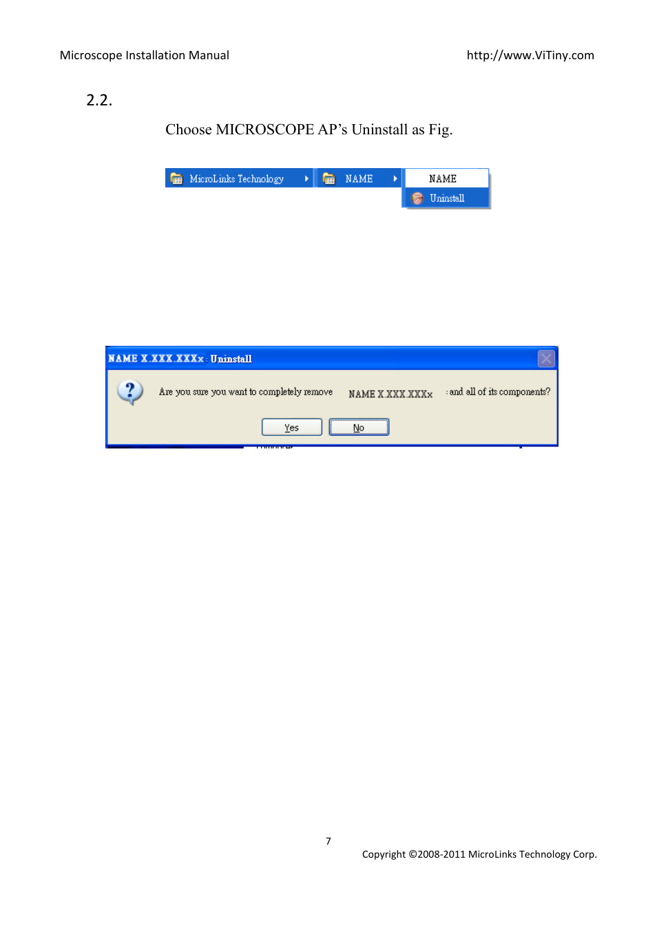 Install/ uninstall microscope ap, 1 choose microscope ap’s uninstall as fig. 2-8, Confirm to uninstall microscope | MicroLinks UM05 - install manual User Manual | Page 7 / 8