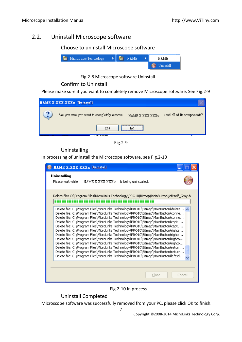 Uninstall microscope software, Choose to uninstall microscope software, Confirm to uninstall | Uninstalling, Uninstall completed | MicroLinks UM12 - install manual User Manual | Page 7 / 8