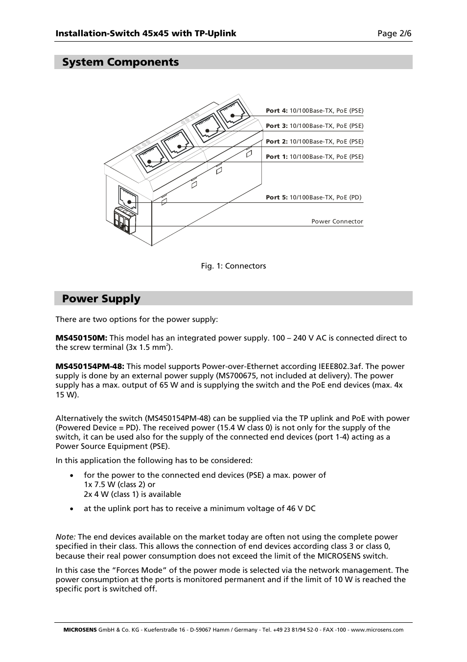 System components, Power supply | Microsens Fast Ethernet Micro Switch Twisted Pair Uplink Installation User Manual | Page 2 / 6