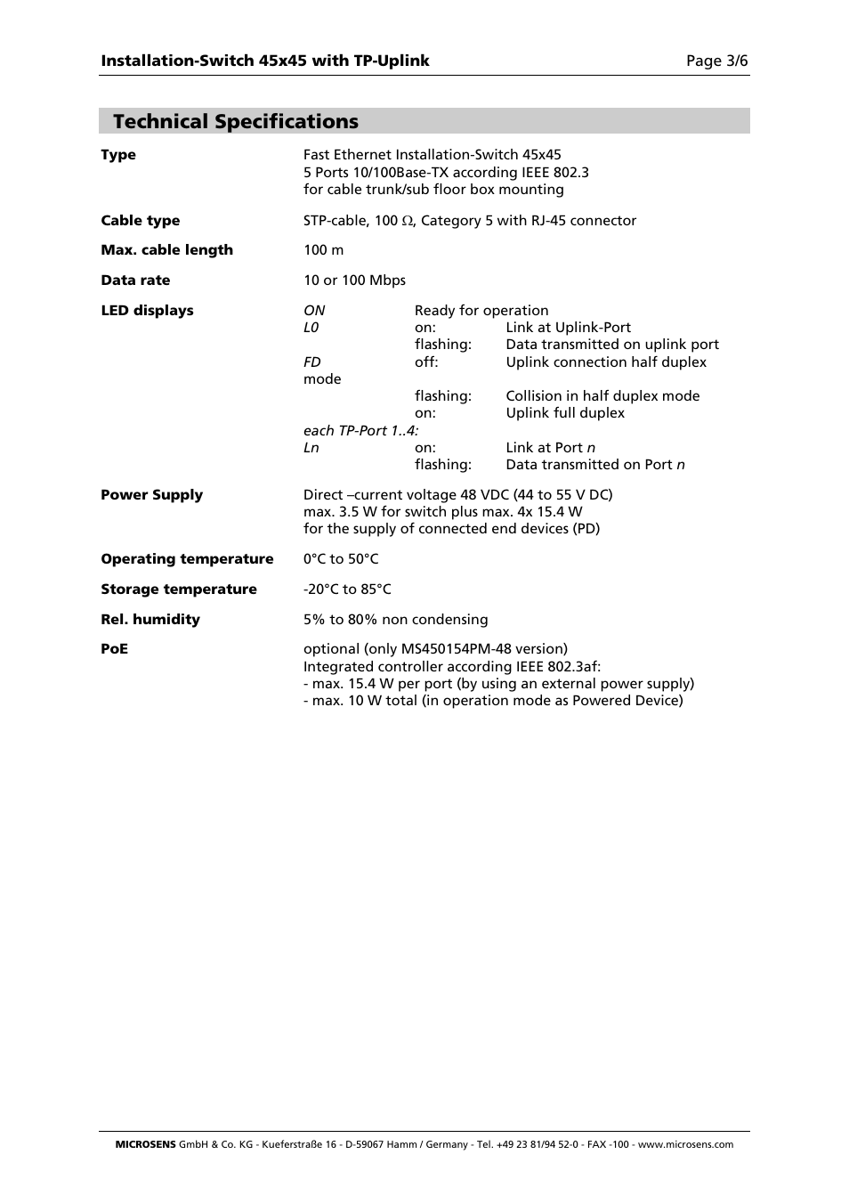 Technical specifications | Microsens Fast Ethernet Micro Switch Twisted Pair Uplink Installation User Manual | Page 3 / 6