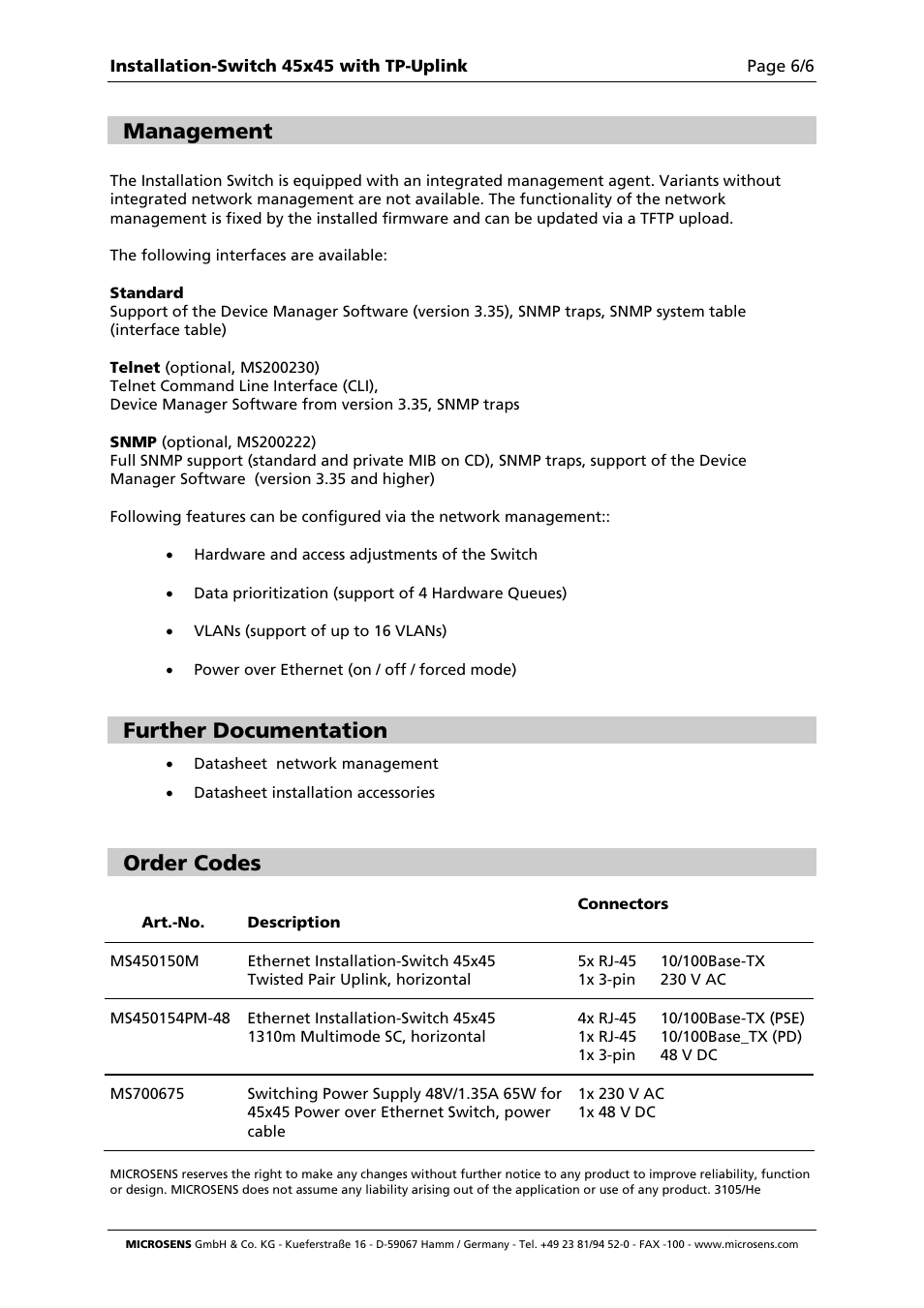 Management, Further documentation, Order codes | Microsens Fast Ethernet Micro Switch Twisted Pair Uplink Installation User Manual | Page 6 / 6