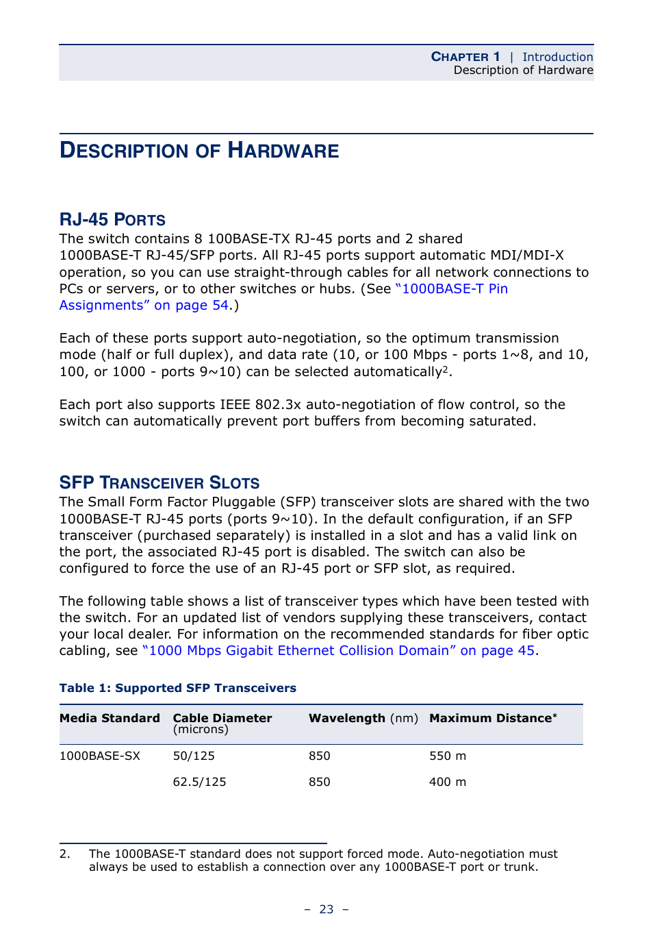 Description of hardware, Rj-45 ports, Sfp transceiver slots | Table 1, Supported sfp transceivers, Escription, Ardware rj-45 p, Sfp t | Microsens MS453490M Installation User Manual | Page 23 / 70