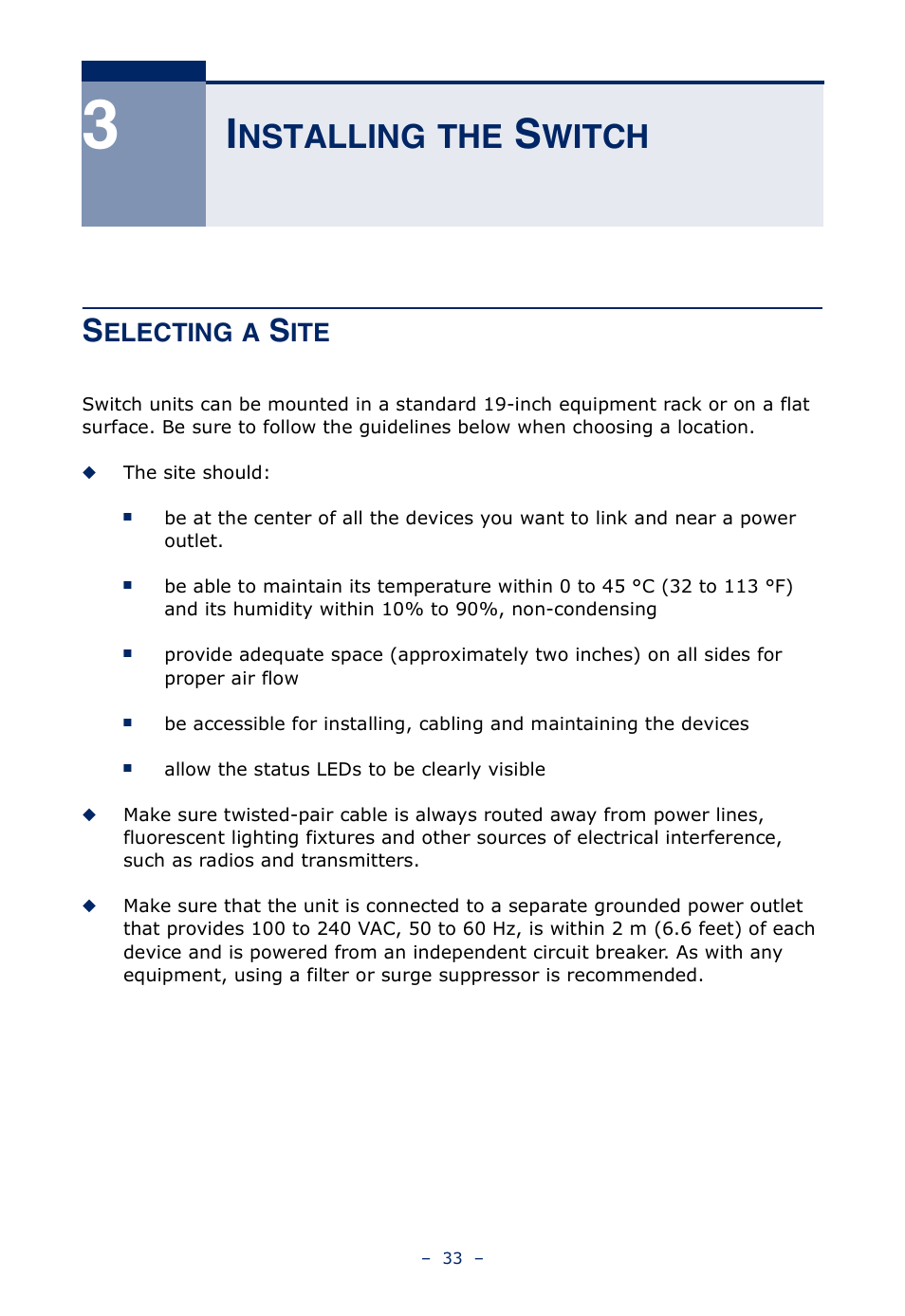 Installing the switch, Selecting a site, Nstalling | Witch | Microsens MS453490M Installation User Manual | Page 33 / 70
