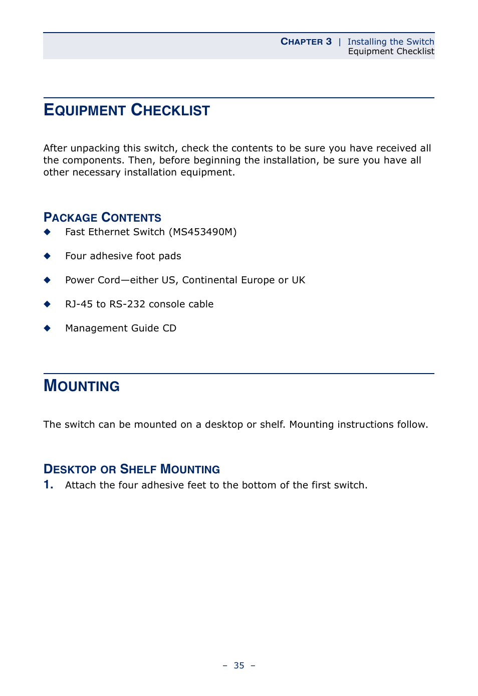 Equipment checklist, Package contents, Mounting | Desktop or shelf mounting, Mounting 35, Quipment, Hecklist, Ounting | Microsens MS453490M Installation User Manual | Page 35 / 70
