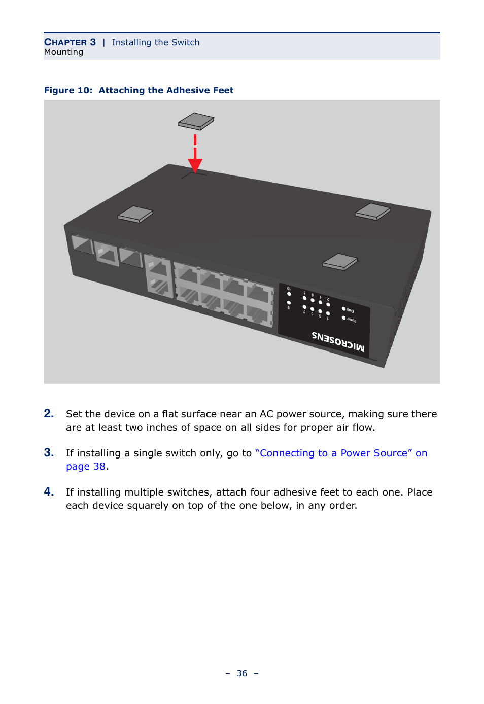 Figure 10, Attaching the adhesive feet, Hapter | Microsens MS453490M Installation User Manual | Page 36 / 70