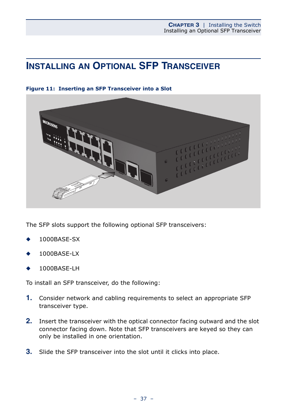 Installing an optional sfp transceiver, Figure 11, Inserting an sfp transceiver into a slot | Sfp t, Nstalling, Ptional, Ransceiver | Microsens MS453490M Installation User Manual | Page 37 / 70