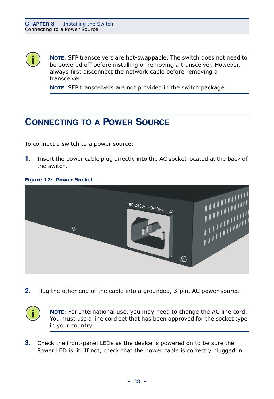 Connecting to a power source, Figure 12, Power socket | Onnecting, Ower, Ource | Microsens MS453490M Installation User Manual | Page 38 / 70