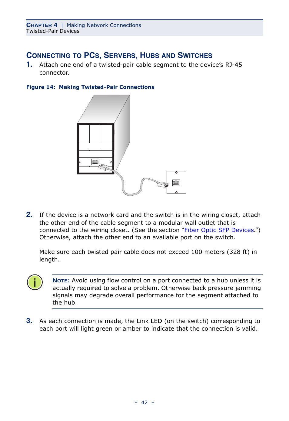 Connecting to pcs, servers, hubs and switches, Figure 14, Making twisted-pair connections | Microsens MS453490M Installation User Manual | Page 42 / 70
