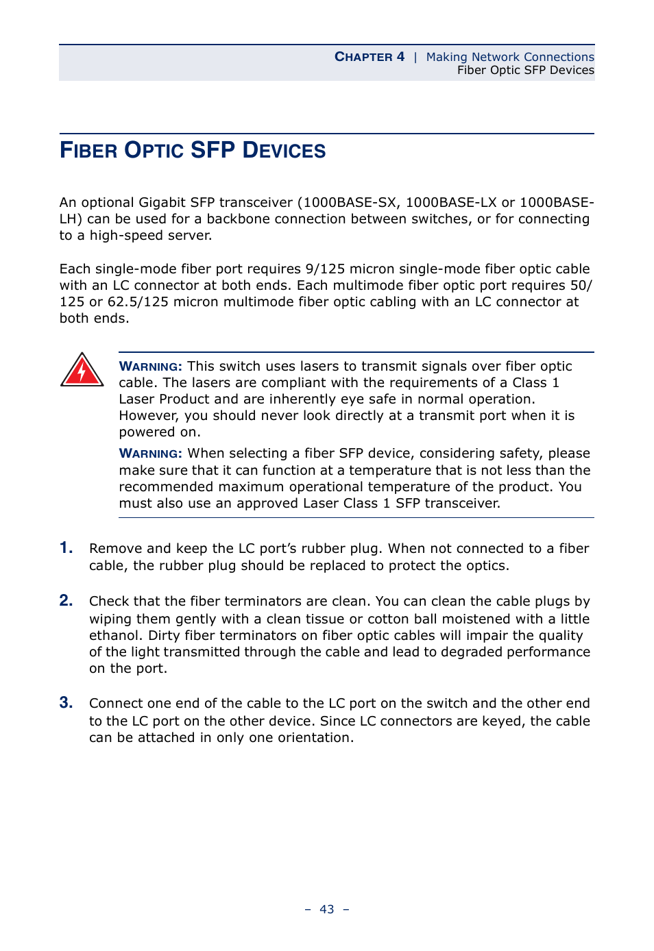 Fiber optic sfp devices, Sfp d, Iber | Ptic, Evices | Microsens MS453490M Installation User Manual | Page 43 / 70