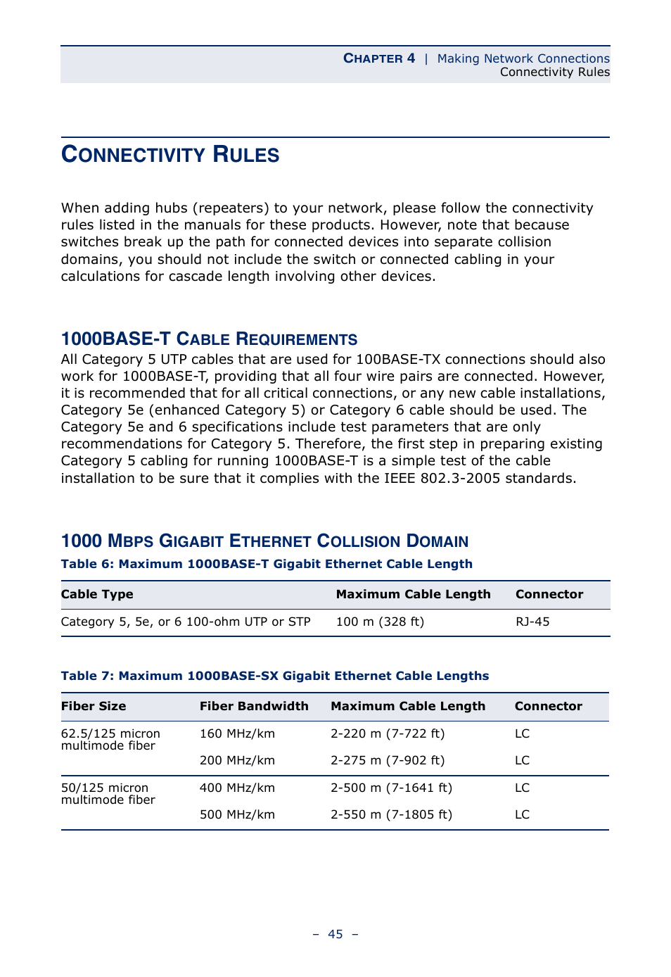 Connectivity rules, 1000base-t cable requirements, 1000 mbps gigabit ethernet collision domain | Table 6, Maximum 1000base-t gigabit ethernet cable length, Table 7, Maximum 1000base-sx gigabit ethernet cable lengths, Onnectivity, Ules, 1000base-t c | Microsens MS453490M Installation User Manual | Page 45 / 70