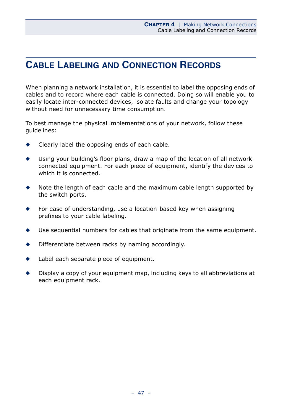 Cable labeling and connection records, Able, Abeling | Onnection, Ecords | Microsens MS453490M Installation User Manual | Page 47 / 70