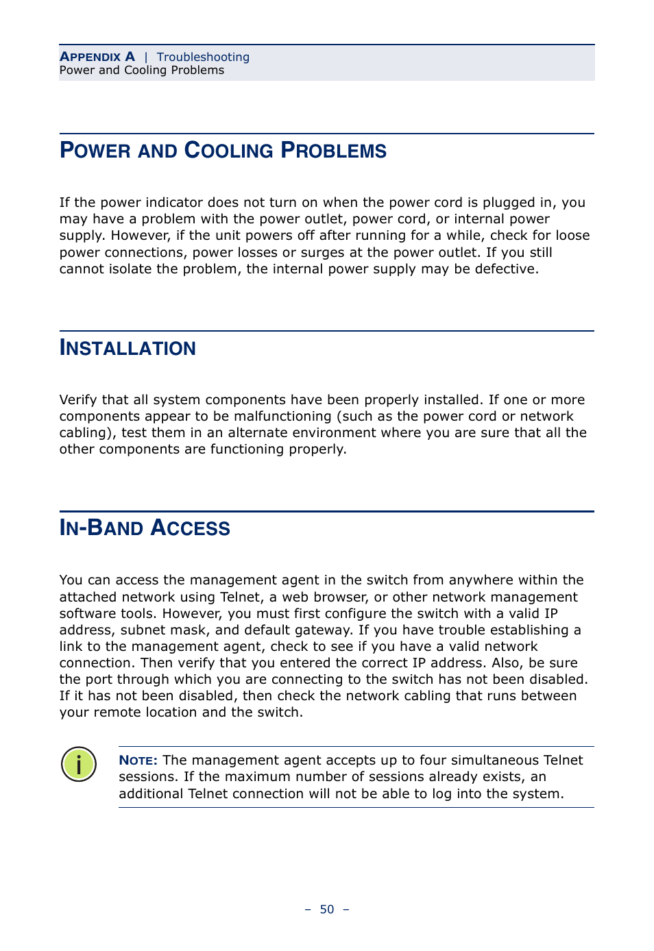 Power and cooling problems, Installation, In-band access | Installation 50 in-band access | Microsens MS453490M Installation User Manual | Page 50 / 70