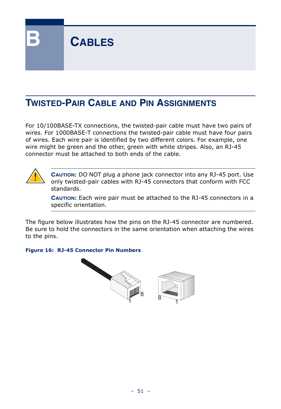 Cables, Twisted-pair cable and pin assignments, Ables | Figure 16, Rj-45 connector pin numbers | Microsens MS453490M Installation User Manual | Page 51 / 70