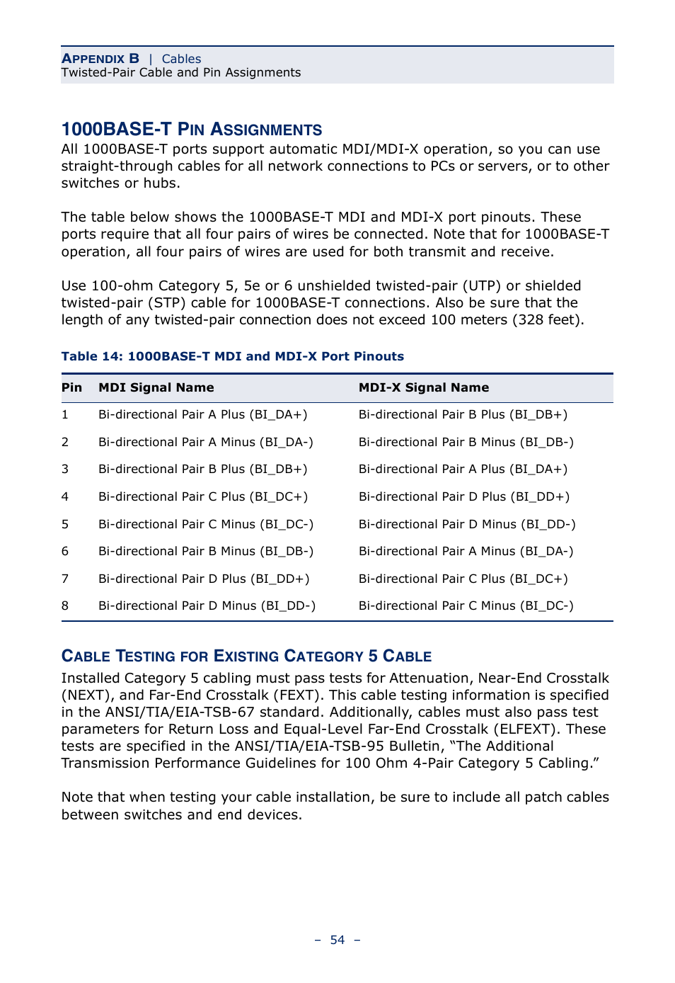 1000base-t pin assignments, Table 14, 1000base-t mdi and mdi-x port pinouts | 1000base-t pin, 1000base-t p | Microsens MS453490M Installation User Manual | Page 54 / 70