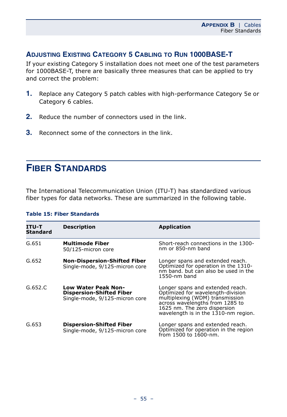 Fiber standards, Table 15, Iber | Tandards, 1000base-t | Microsens MS453490M Installation User Manual | Page 55 / 70