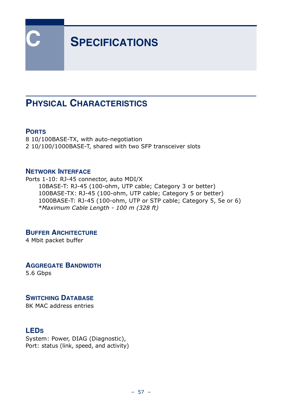 Specifications, Physical characteristics, Pecifications | Microsens MS453490M Installation User Manual | Page 57 / 70