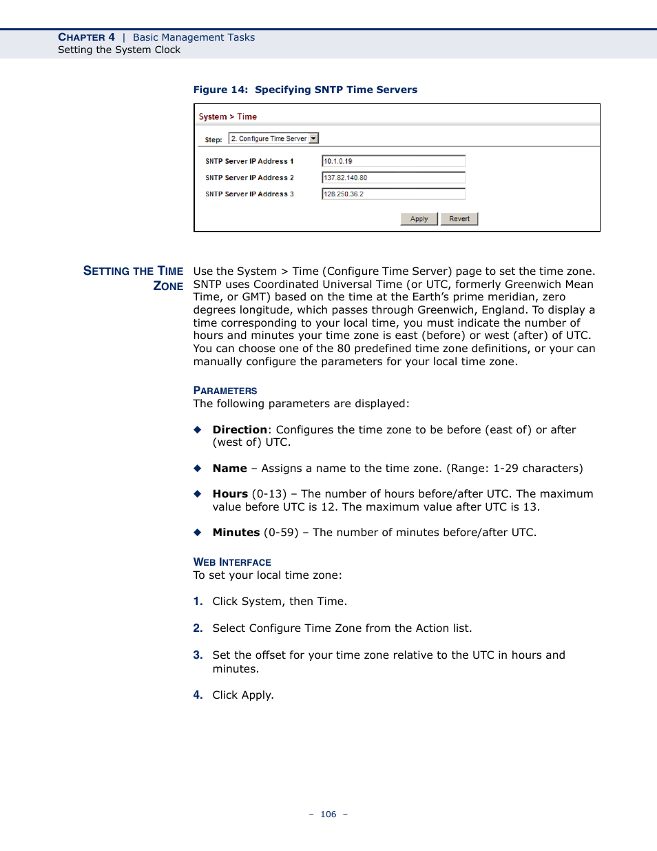 Setting the time zone, Figure 14: specifying sntp time servers | Microsens MS453490M Management Guide User Manual | Page 106 / 984