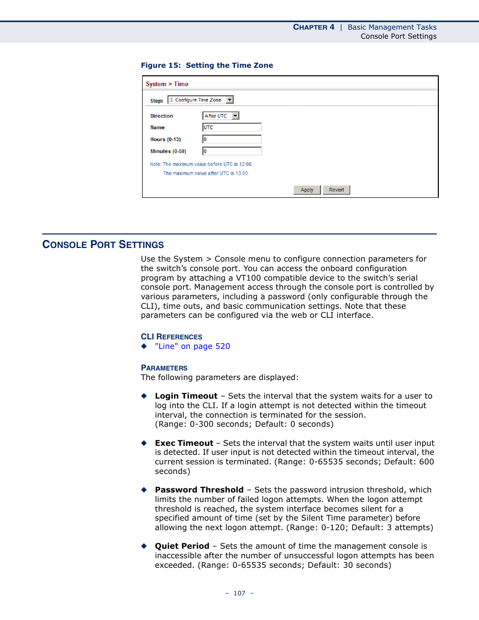 Console port settings, Figure 15: setting the time zone | Microsens MS453490M Management Guide User Manual | Page 107 / 984