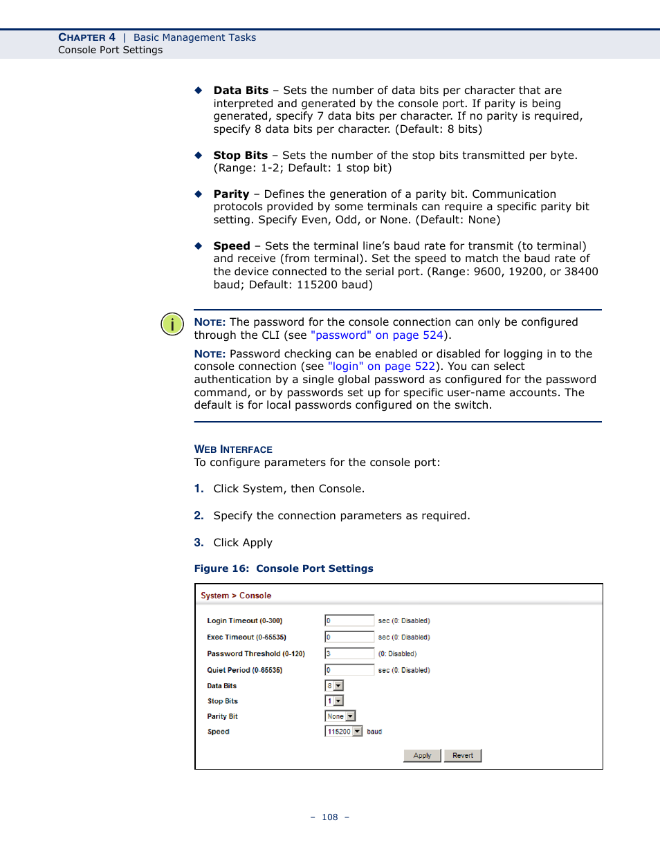 Figure 16: console port settings | Microsens MS453490M Management Guide User Manual | Page 108 / 984