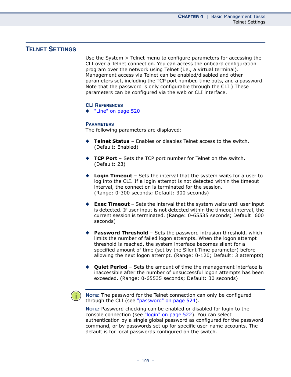 Telnet settings | Microsens MS453490M Management Guide User Manual | Page 109 / 984