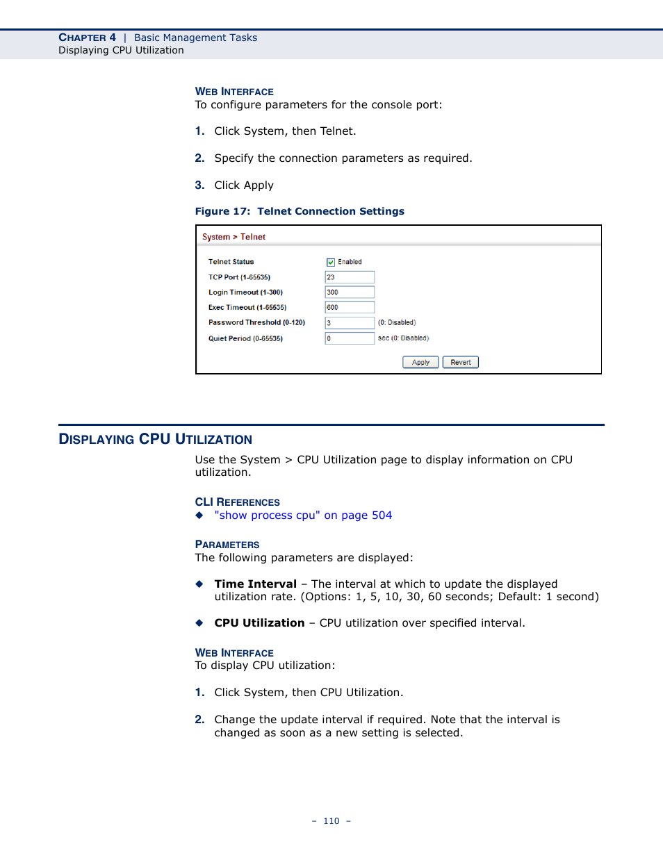 Displaying cpu utilization, Figure 17: telnet connection settings, Cpu u | Microsens MS453490M Management Guide User Manual | Page 110 / 984