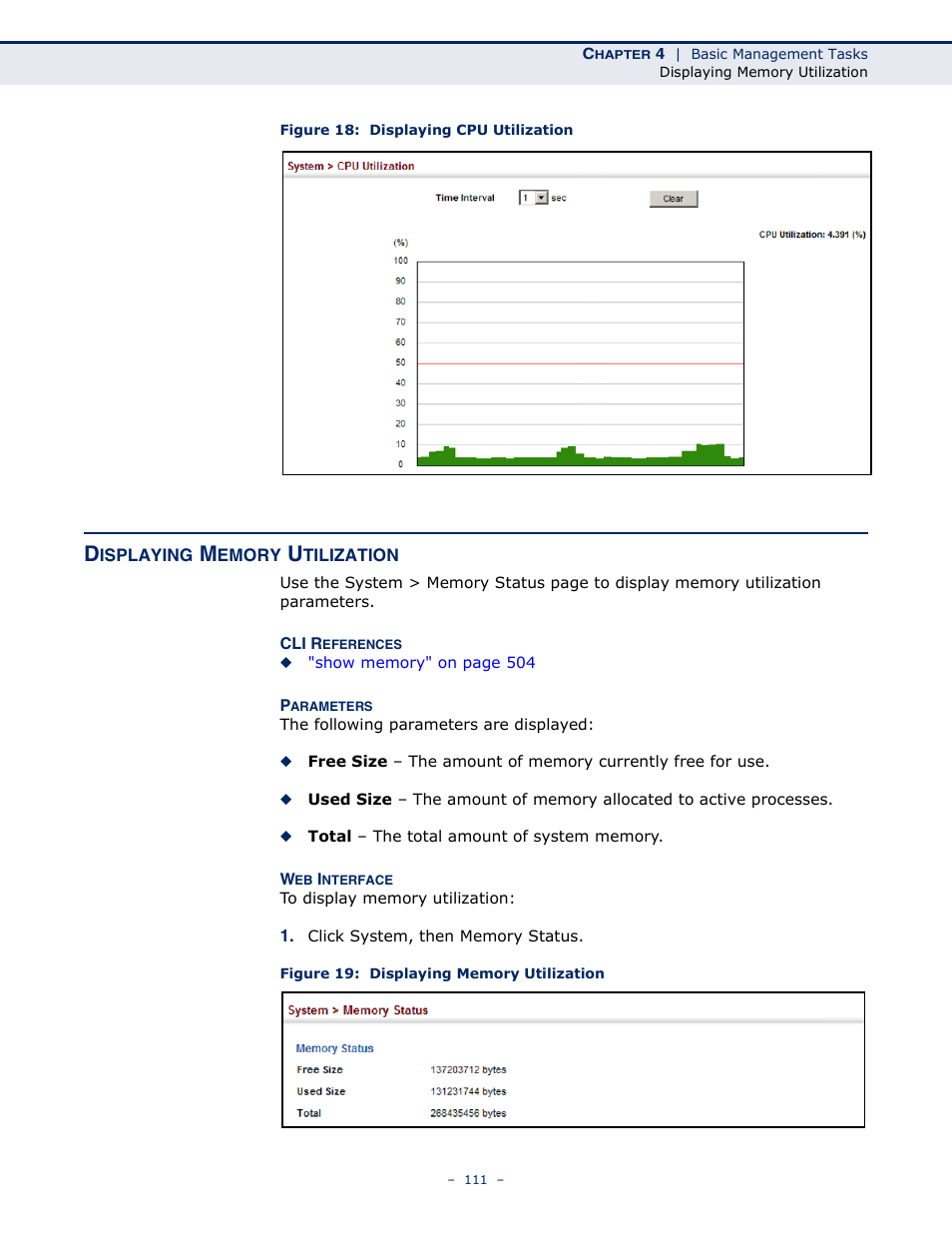 Displaying memory utilization, Figure 18: displaying cpu utilization, Figure 19: displaying memory utilization | Microsens MS453490M Management Guide User Manual | Page 111 / 984