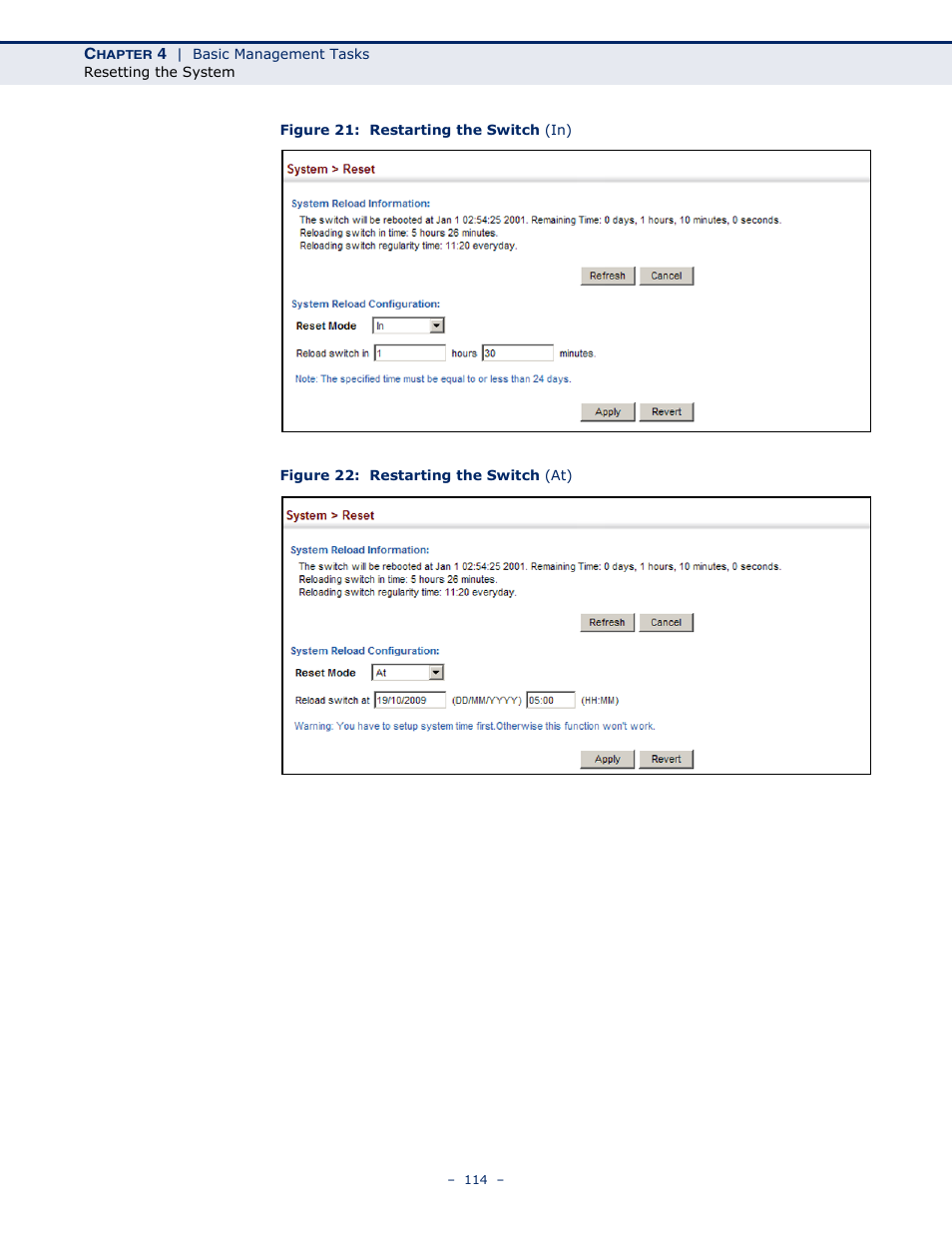 Figure 21: restarting the switch (in), Figure 22: restarting the switch (at) | Microsens MS453490M Management Guide User Manual | Page 114 / 984