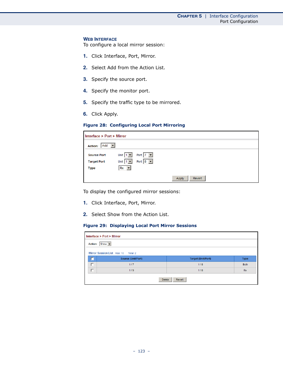 Figure 28: configuring local port mirroring, Figure 29: displaying local port mirror sessions | Microsens MS453490M Management Guide User Manual | Page 123 / 984