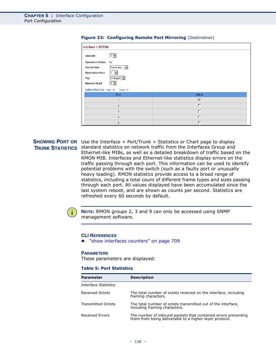 Showing port or trunk statistics, Table 5: port statistics, Displaying statistics | Microsens MS453490M Management Guide User Manual | Page 128 / 984