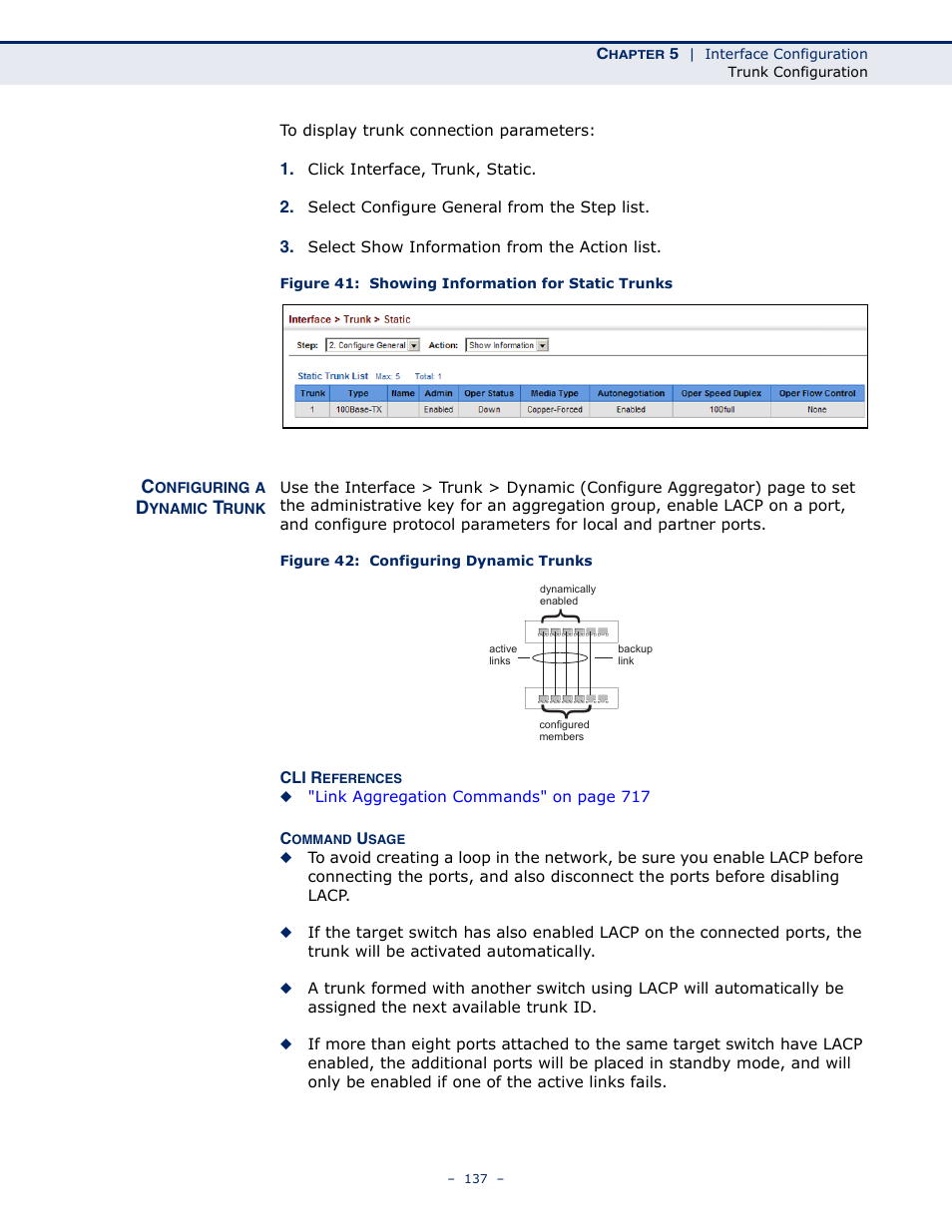 Configuring a dynamic trunk, Figure 41: showing information for static trunks, Figure 42: configuring dynamic trunks | Microsens MS453490M Management Guide User Manual | Page 137 / 984