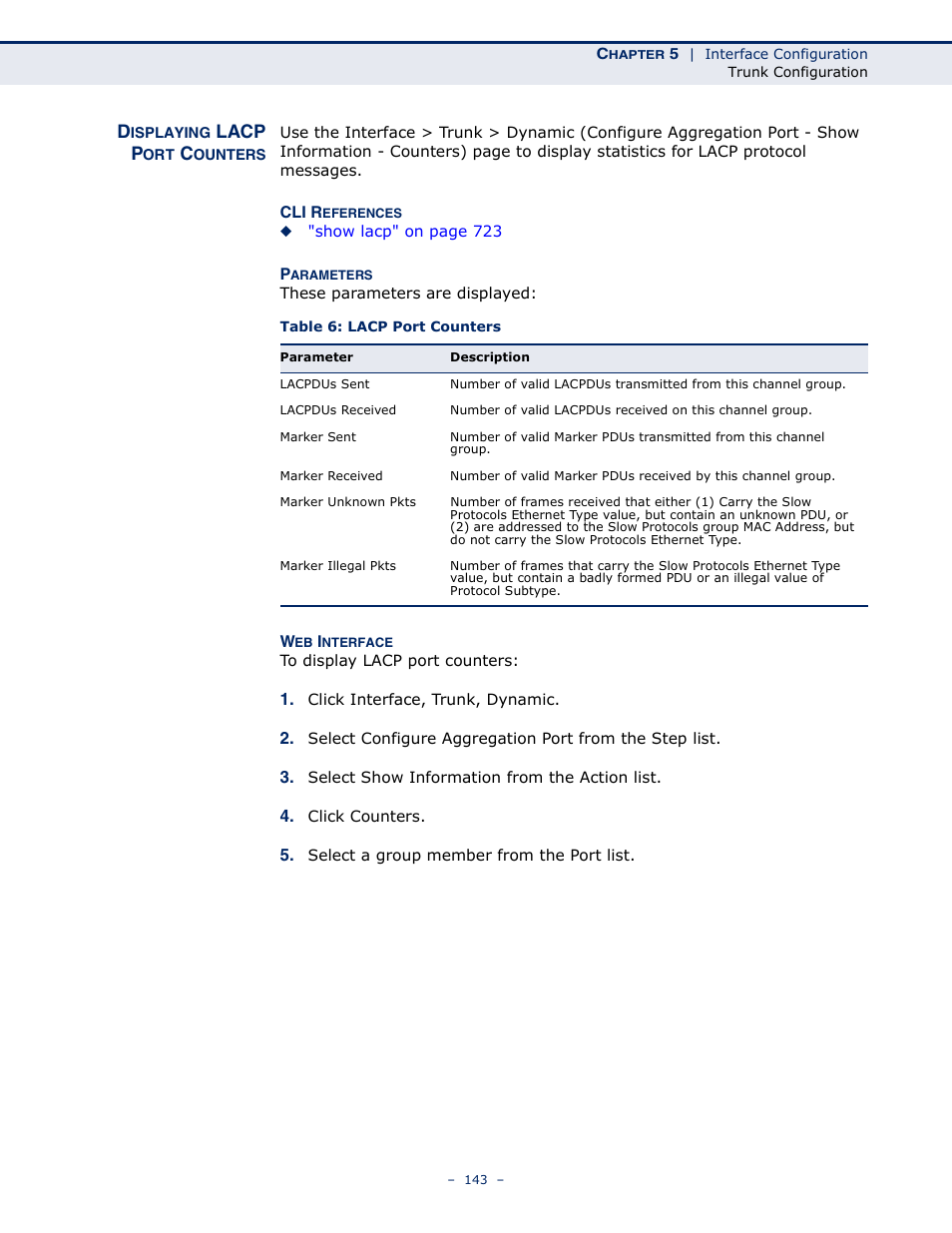 Displaying lacp port counters, Table 6: lacp port counters, Lacp p | Microsens MS453490M Management Guide User Manual | Page 143 / 984