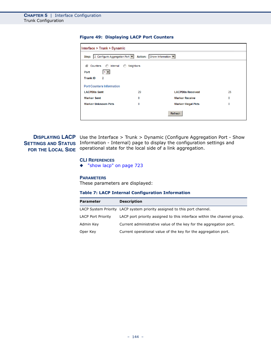 Figure 49: displaying lacp port counters, Table 7: lacp internal configuration information, Lacp s | Microsens MS453490M Management Guide User Manual | Page 144 / 984