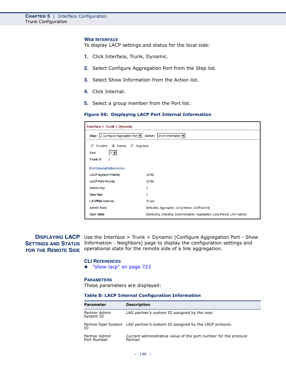 Table 8: lacp internal configuration information | Microsens MS453490M Management Guide User Manual | Page 146 / 984