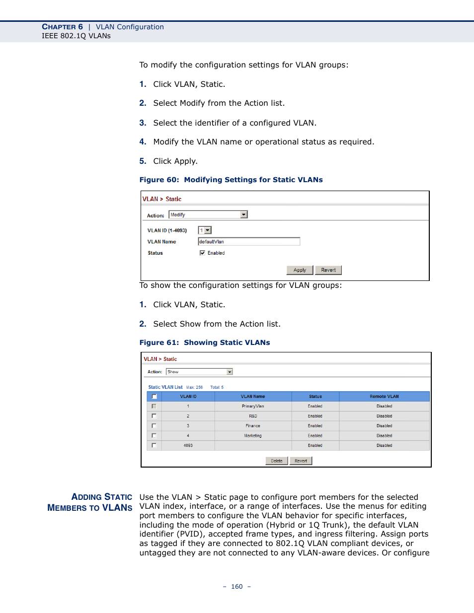 Adding static members to vlans, Figure 60: modifying settings for static vlans, Figure 61: showing static vlans | Microsens MS453490M Management Guide User Manual | Page 160 / 984