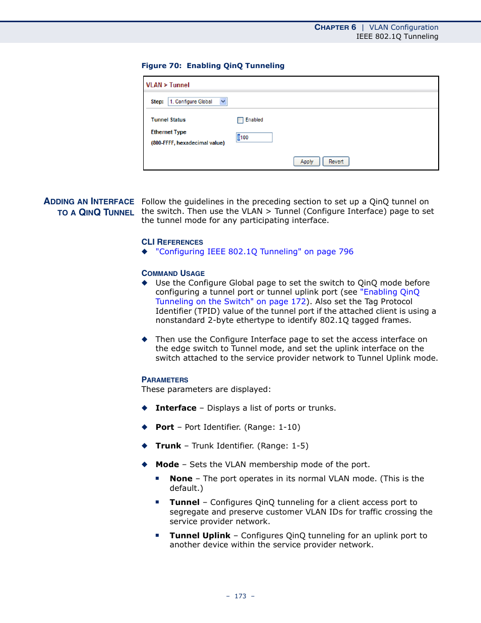 Adding an interface to a qinq tunnel, Figure 70: enabling qinq tunneling, Adding an | Microsens MS453490M Management Guide User Manual | Page 173 / 984