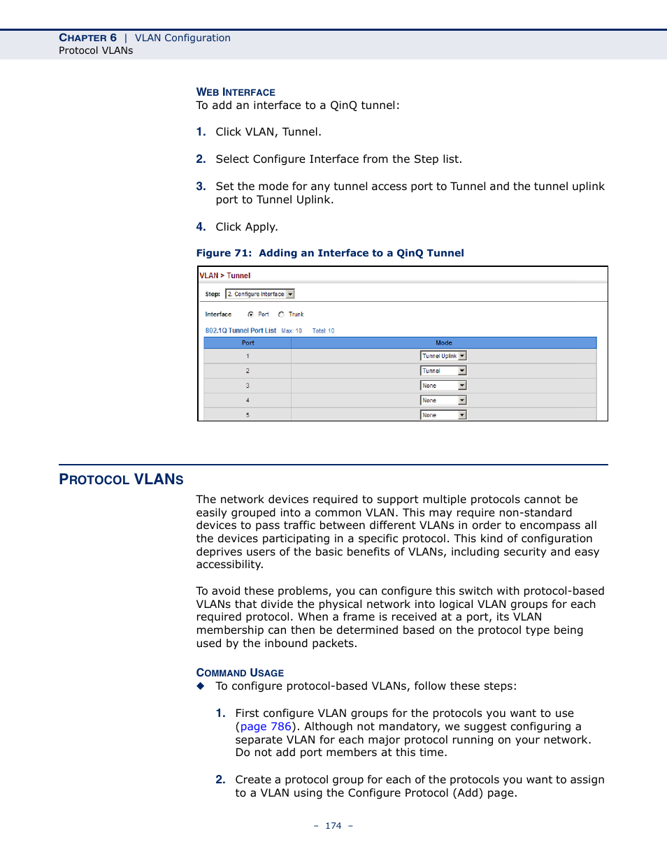 Protocol vlans, Figure 71: adding an interface to a qinq tunnel, Vlan | Microsens MS453490M Management Guide User Manual | Page 174 / 984