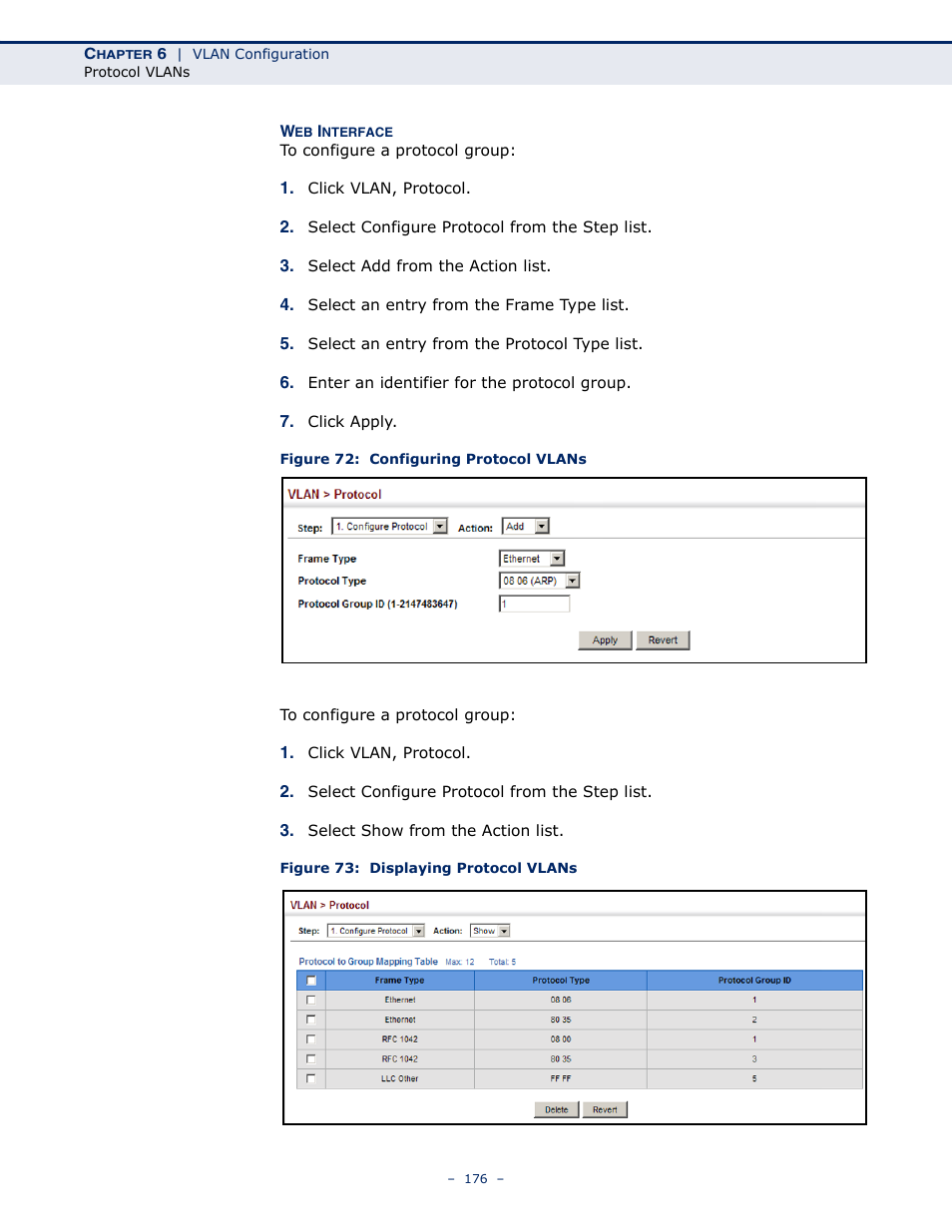 Figure 72: configuring protocol vlans, Figure 73: displaying protocol vlans | Microsens MS453490M Management Guide User Manual | Page 176 / 984