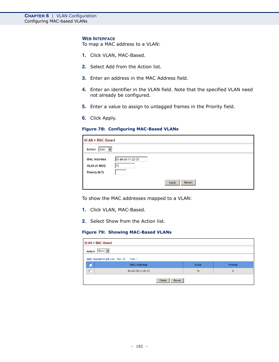 Figure 78: configuring mac-based vlans, Figure 79: showing mac-based vlans | Microsens MS453490M Management Guide User Manual | Page 182 / 984