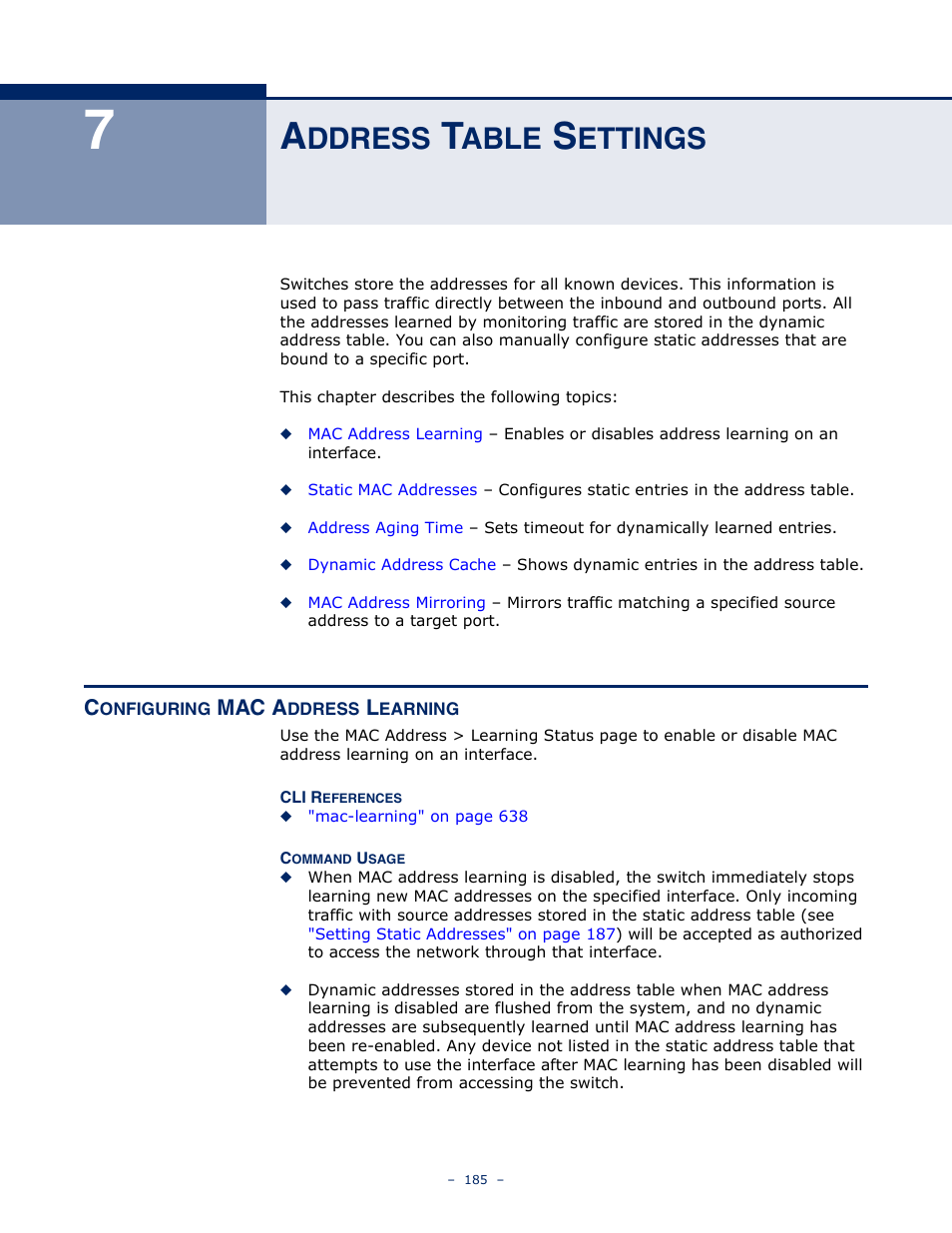Address table settings, Configuring mac address learning, Ddress | Able, Ettings | Microsens MS453490M Management Guide User Manual | Page 185 / 984