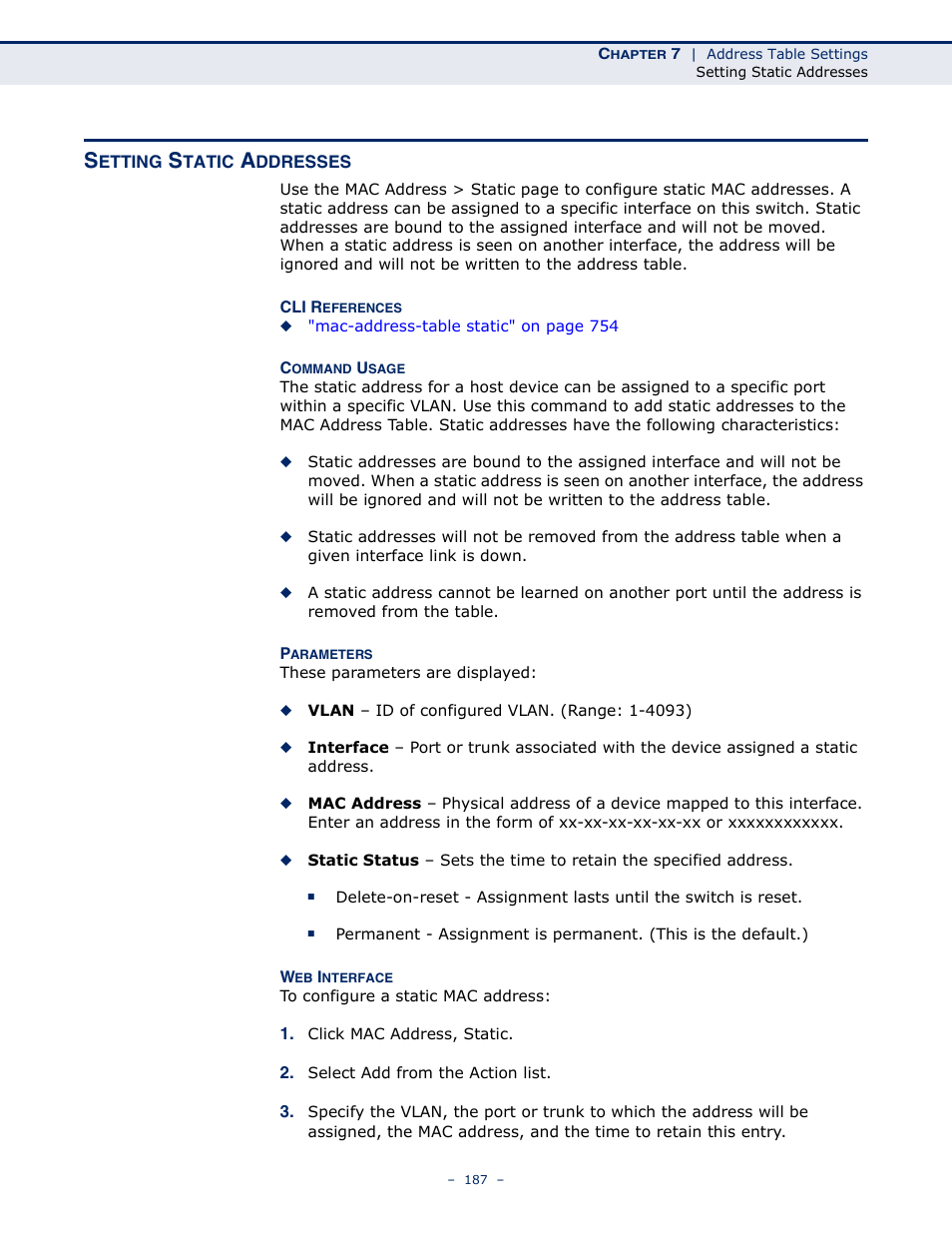 Setting static addresses, Static mac addresses | Microsens MS453490M Management Guide User Manual | Page 187 / 984