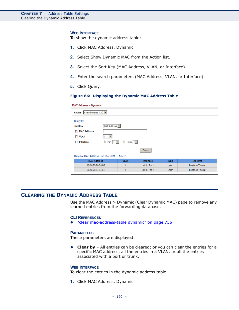 Clearing the dynamic address table | Microsens MS453490M Management Guide User Manual | Page 190 / 984