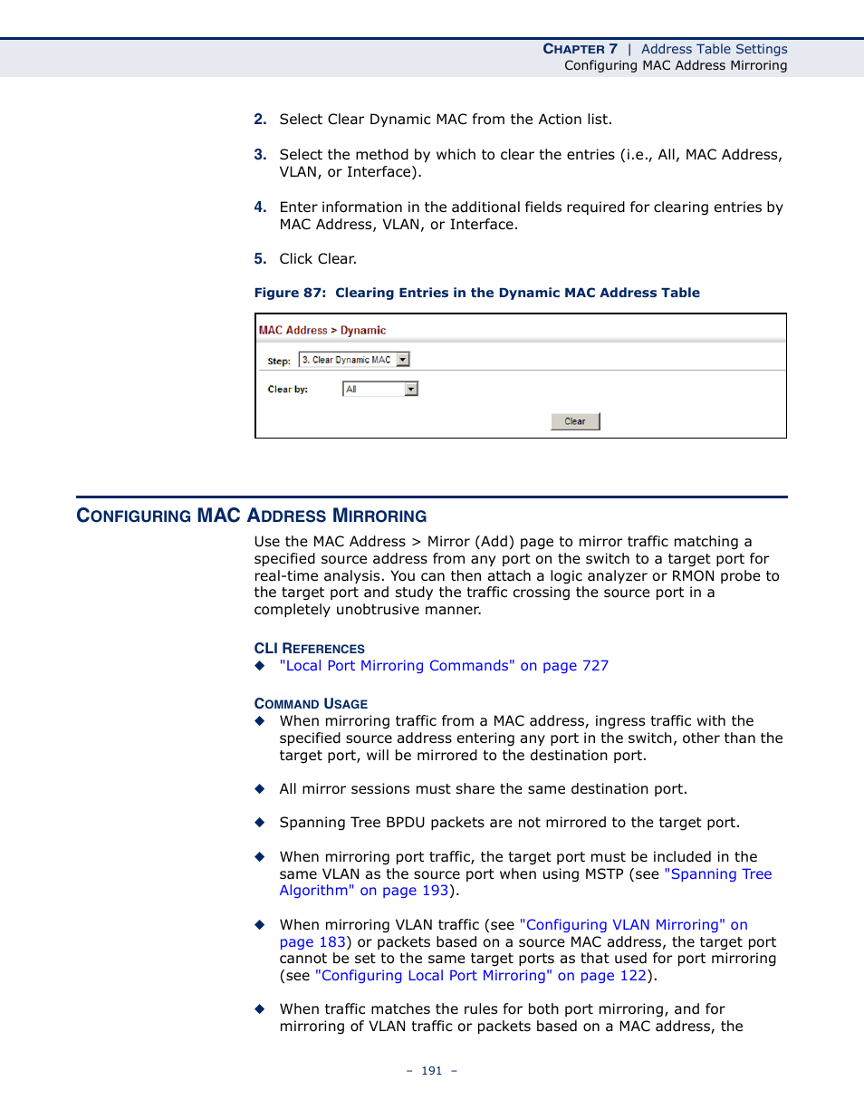 Configuring mac address mirroring, Configuring, Mac address mirroring | Mac a | Microsens MS453490M Management Guide User Manual | Page 191 / 984