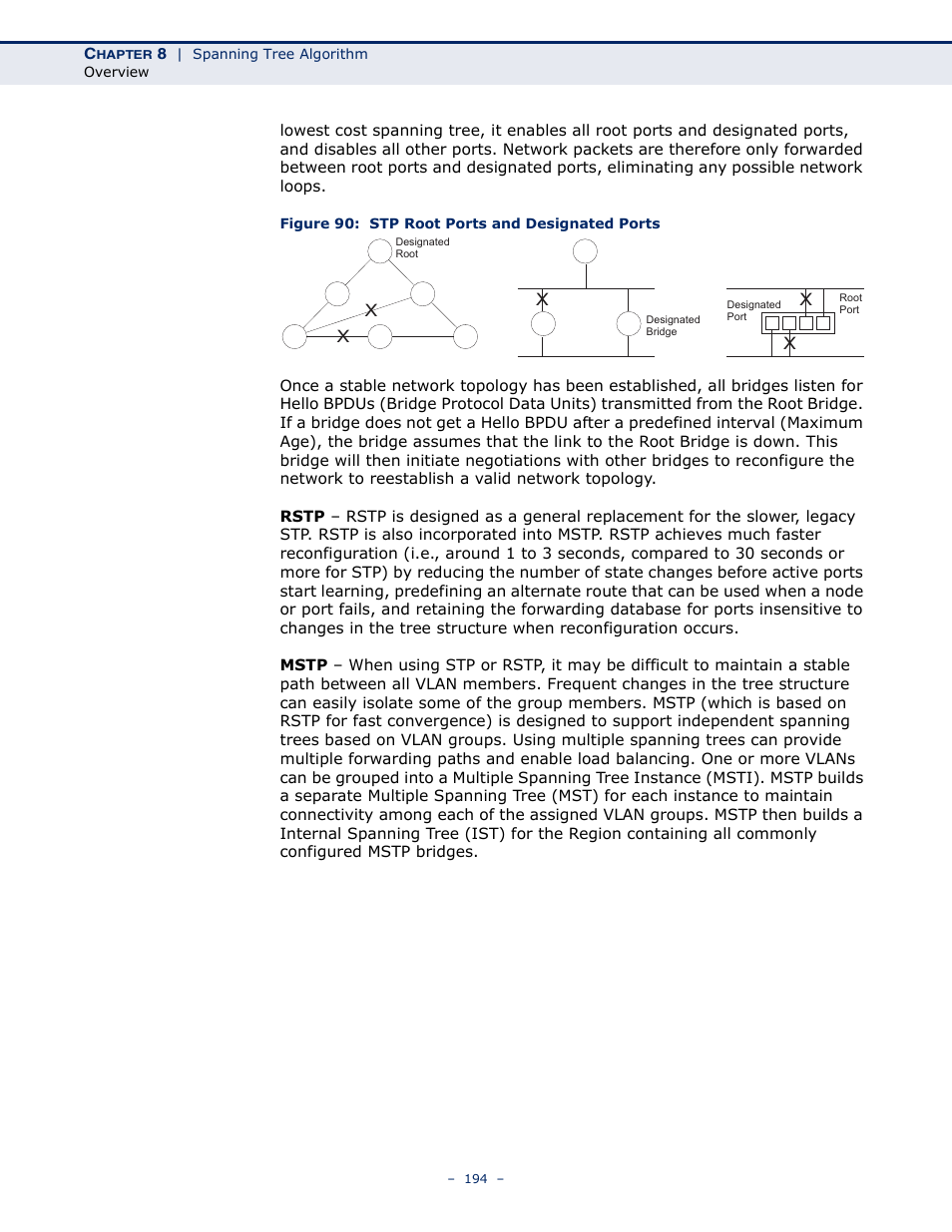 Figure 90: stp root ports and designated ports | Microsens MS453490M Management Guide User Manual | Page 194 / 984